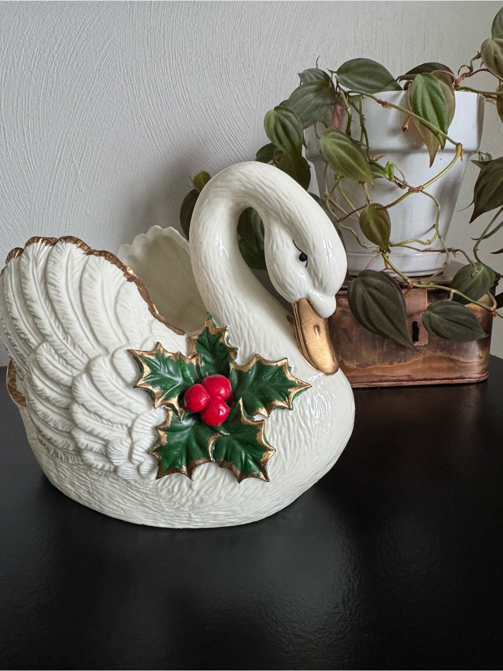 Holiday Swan Planter with Holly Accent - White